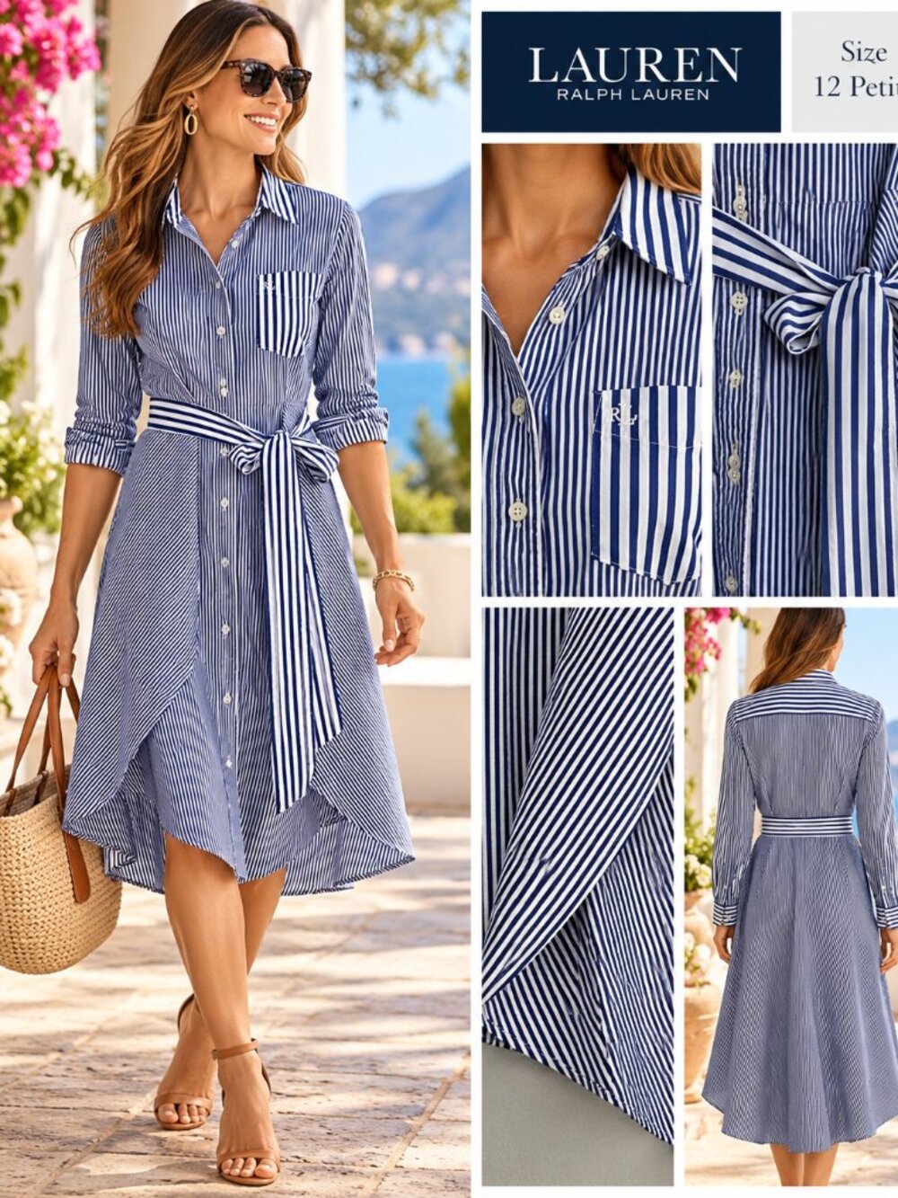 Lauren Ralph Lauren Shirt Dress 12P Navy White Striped 100% Cotton Belted